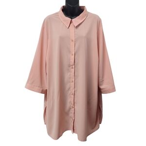 Catherines Womens Plus 2X 22/24W PINK 3/4 Sleeves Button Up Tunic Shirt Blouse